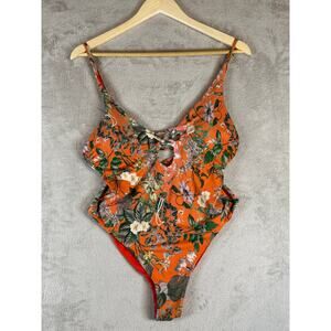 TiniBikini Swimwear Large Orange Floral Lace Up One-Piece Swimsuit High Cut Sexy